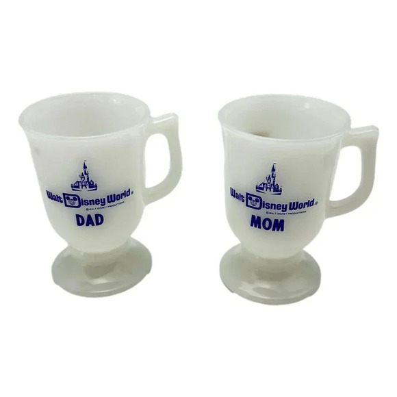 Disney World Mugs Milk Glass Mum & Dad Pre Mid 80s  Original Price Tags Vintage - Picture 1 of 9